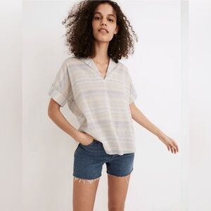 Madewell Crinkle Cotton Popover Top in Summer Peri Stripe Size Large